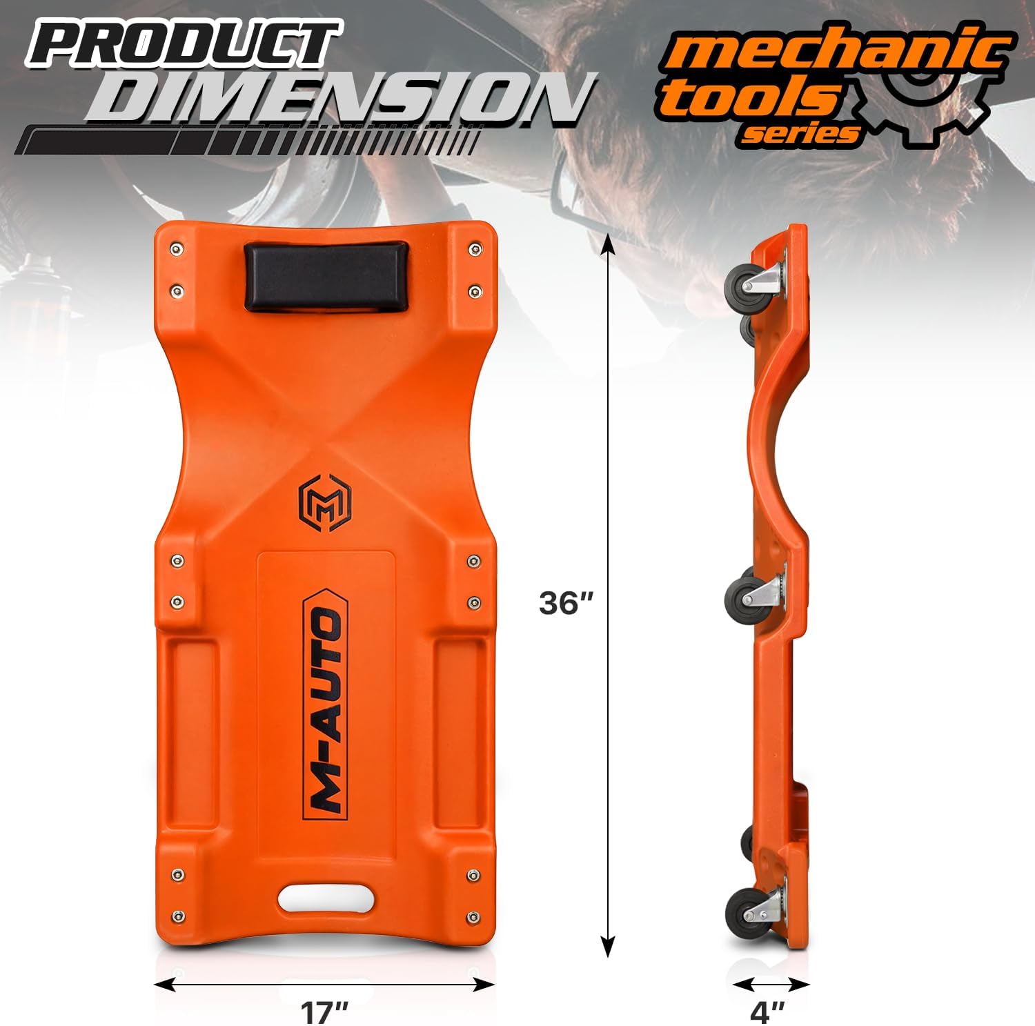 M-AUTO 36" Mechanic Rolling Garage Creeper with Padded Headrest Light Weight Automotive Creeper Mechanic Cart with Dual Tool Trays and Noiseless Casters, Orange