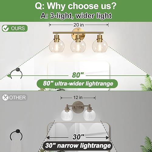 Miniatura 10 de Lámparas de baño de 4 luces actualizadas 2024, modernas luces doradas de tocador sobre espejo con pantalla de globo de vidrio transparente, apliques