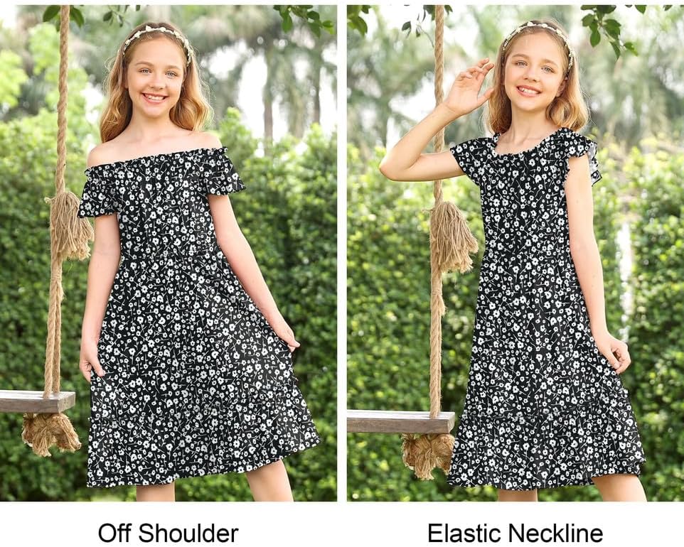 BesserBay Girl's Floral Elastic Neckline Flutter Sleeve Midi Dress with Side Pockets 4-12 Years image 3