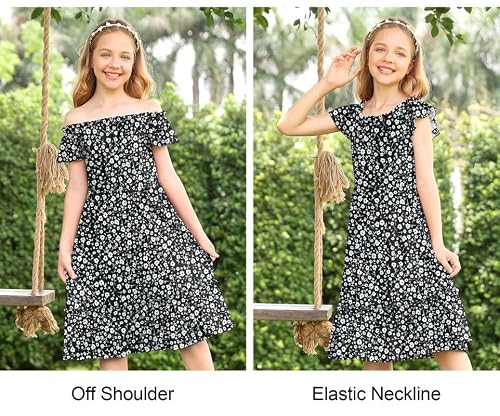 Besserbay Little Girl's Off Shoulder Elastic Neckline Floral Sleeve Dress Black Knee Length Dress With Pockets 7-8 Years #TOP1