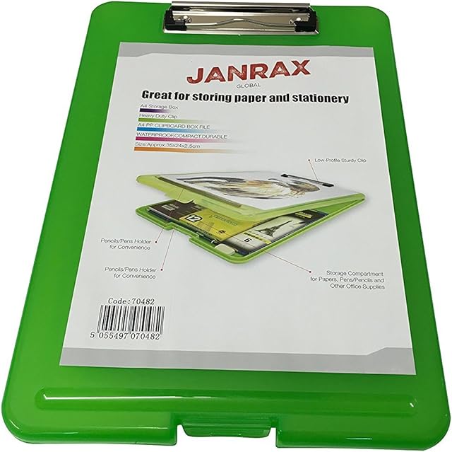 Janrax A4 Green Clipboard Box File - Storage Filing Case