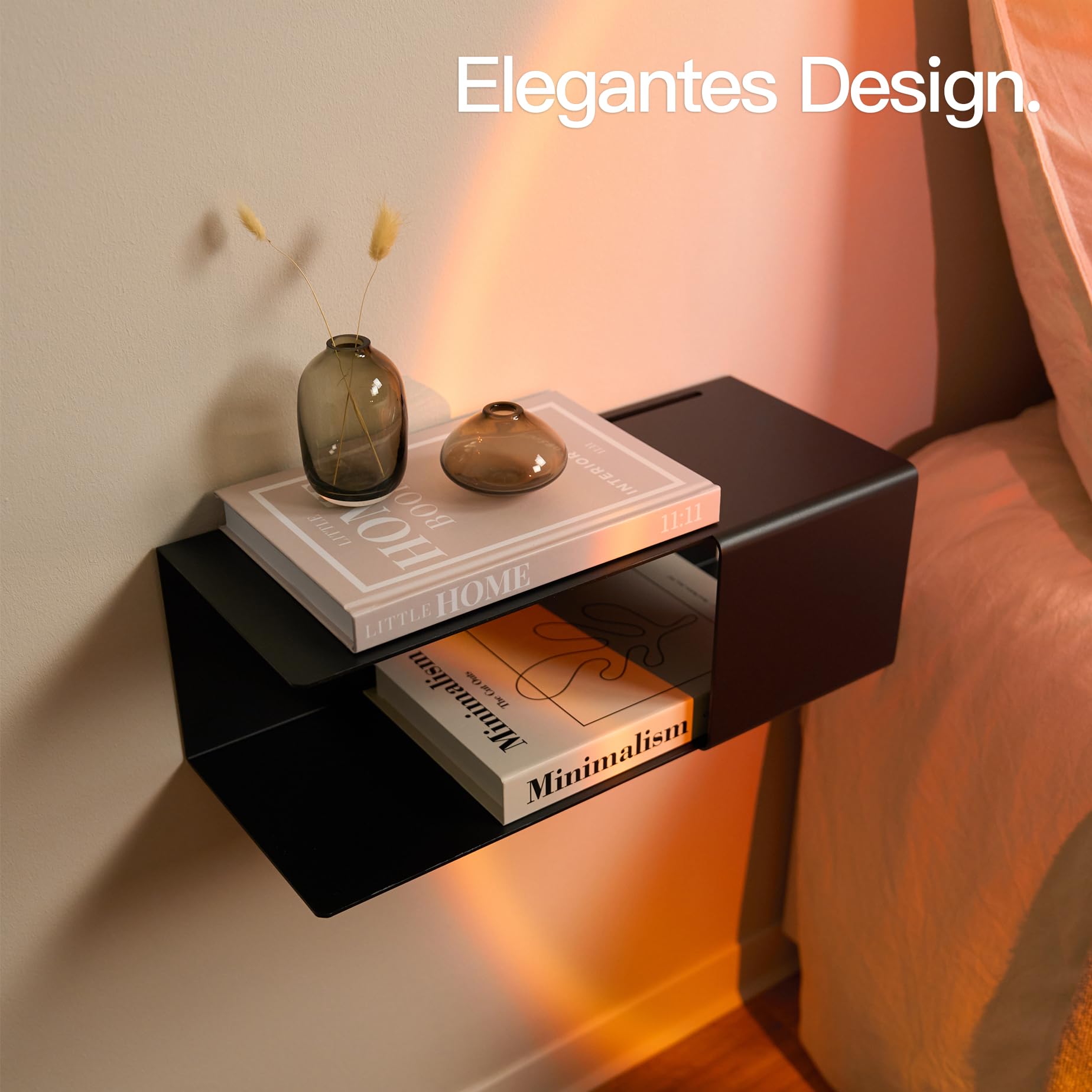 Designfabrik Hamburg | Schwebender Nachttisch aus Metall | Hängender Nachtschrank mit versteckter Ablage und Kabelführung | schmaler Wand Nachttisch fürs Schlafzimmer | Modernes Design | 1x Schwarz