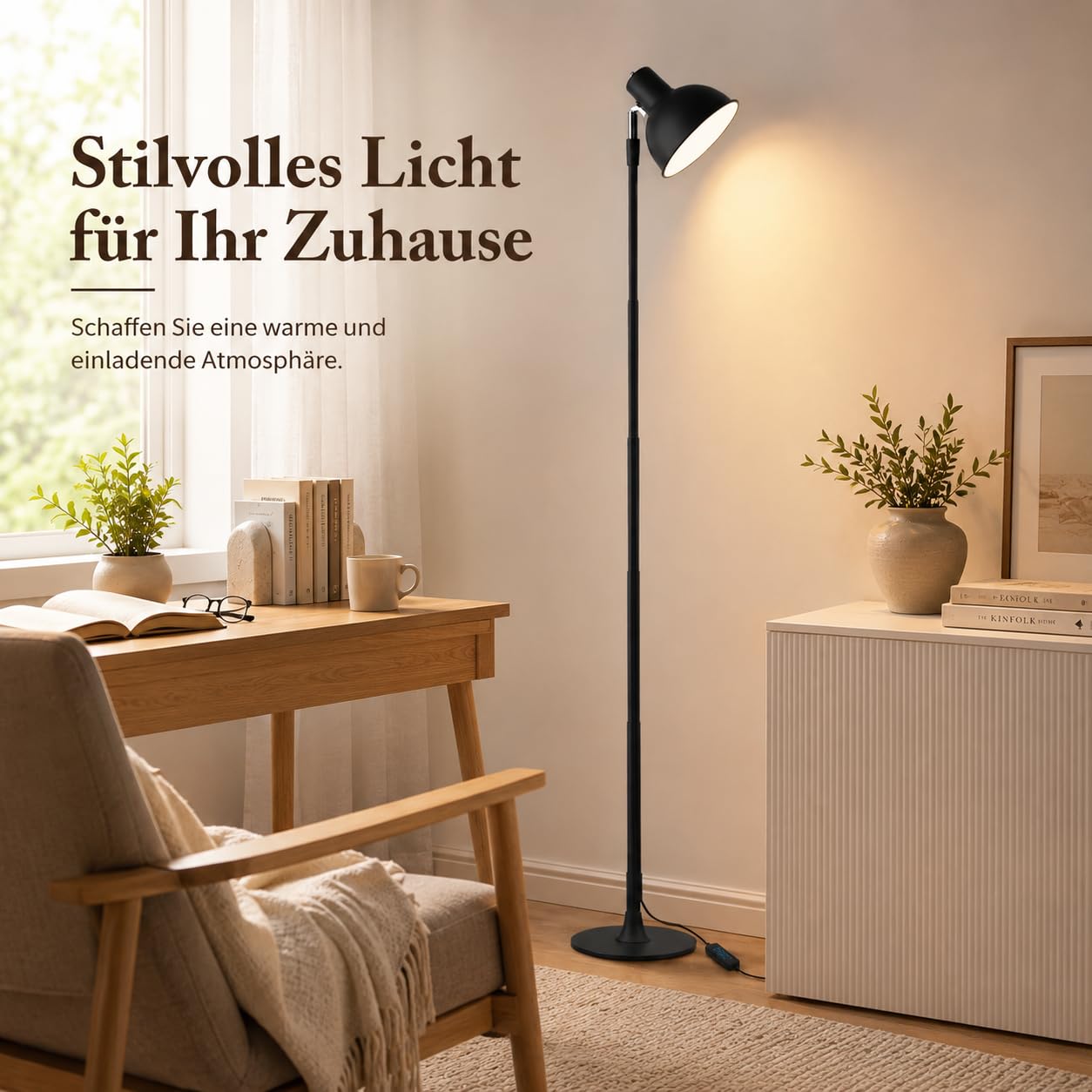 Rosnek LED Stehlampe Höhenverstellbar, Leselampe Dimmbar mit 3 Lichtfarben, 150° Schwenkbar Lampenkopf, 2-in-1 Stehleuchte & Tischleuchte für Wohnzimmer, Homeoffice, Esszimmer, Metall Schwarz