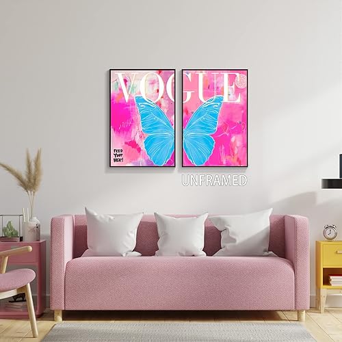 Miniatura 4 de TACRIG 2 piezas de arte de pared en lienzo de mariposa azul de moda preppy - Pósteres de imágenes de moda rosa para dormitorio de niñas - Decoración
