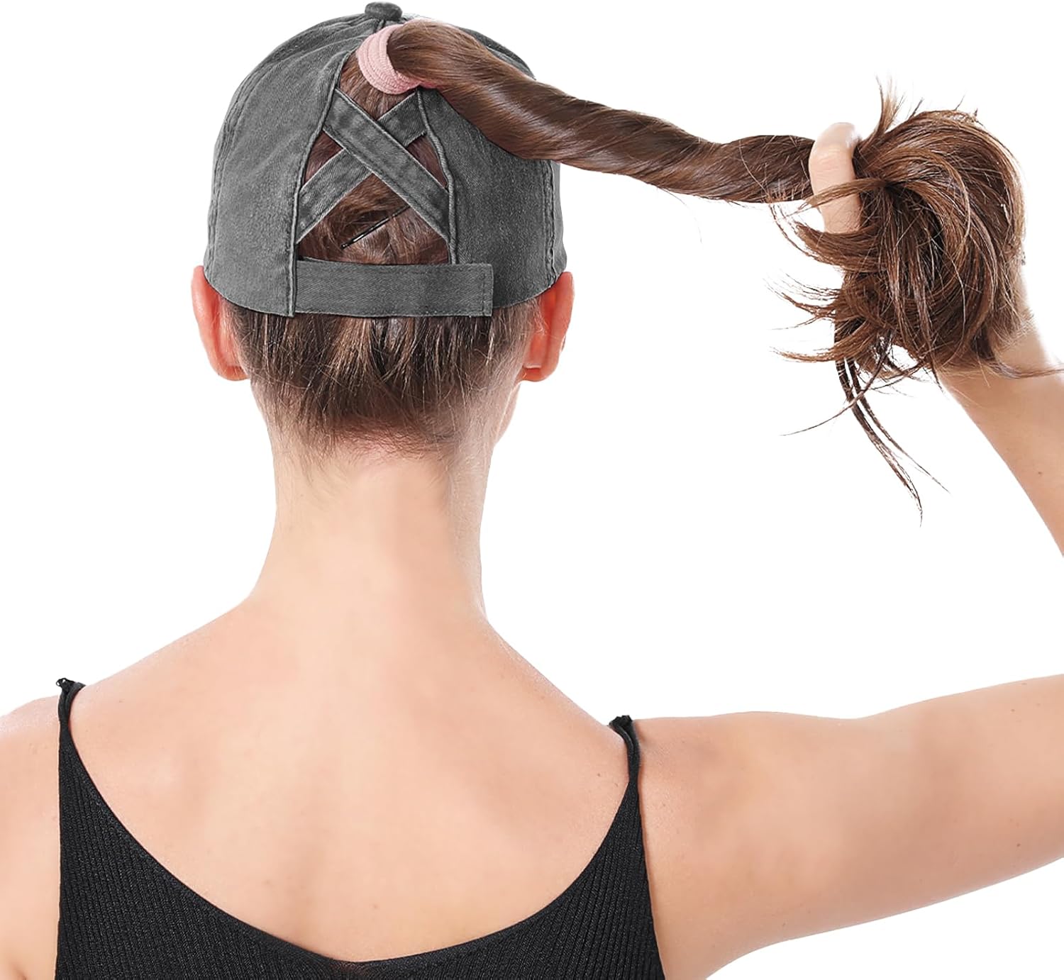 Criss Cross Ponytail Hat Women Washed Distressed Baseball Caps Adjustable High Messy Bun Ponycap - Image 4