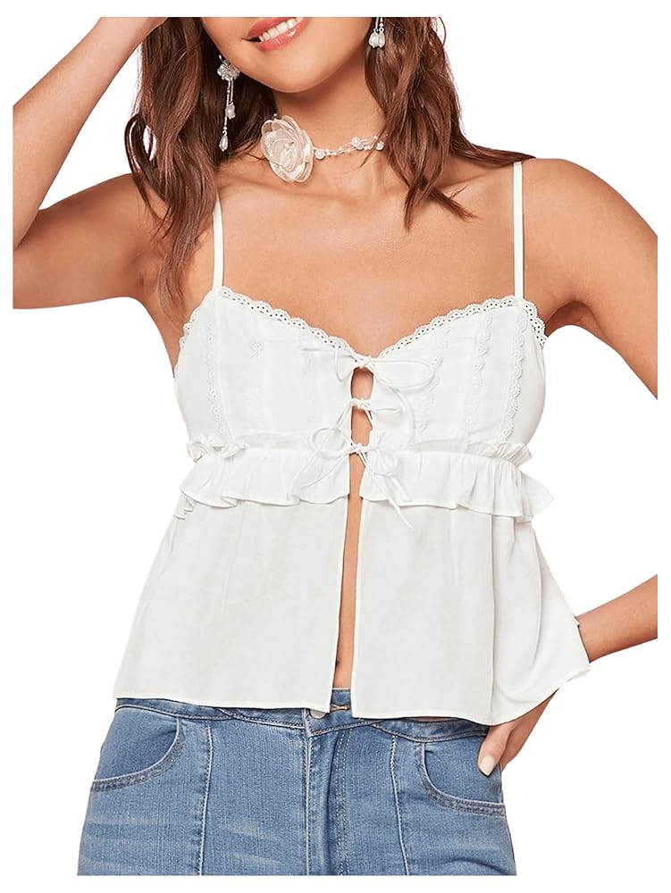 SHENHE Women's Cute Babydoll Tops Bow Tie Ruffle Crop Top