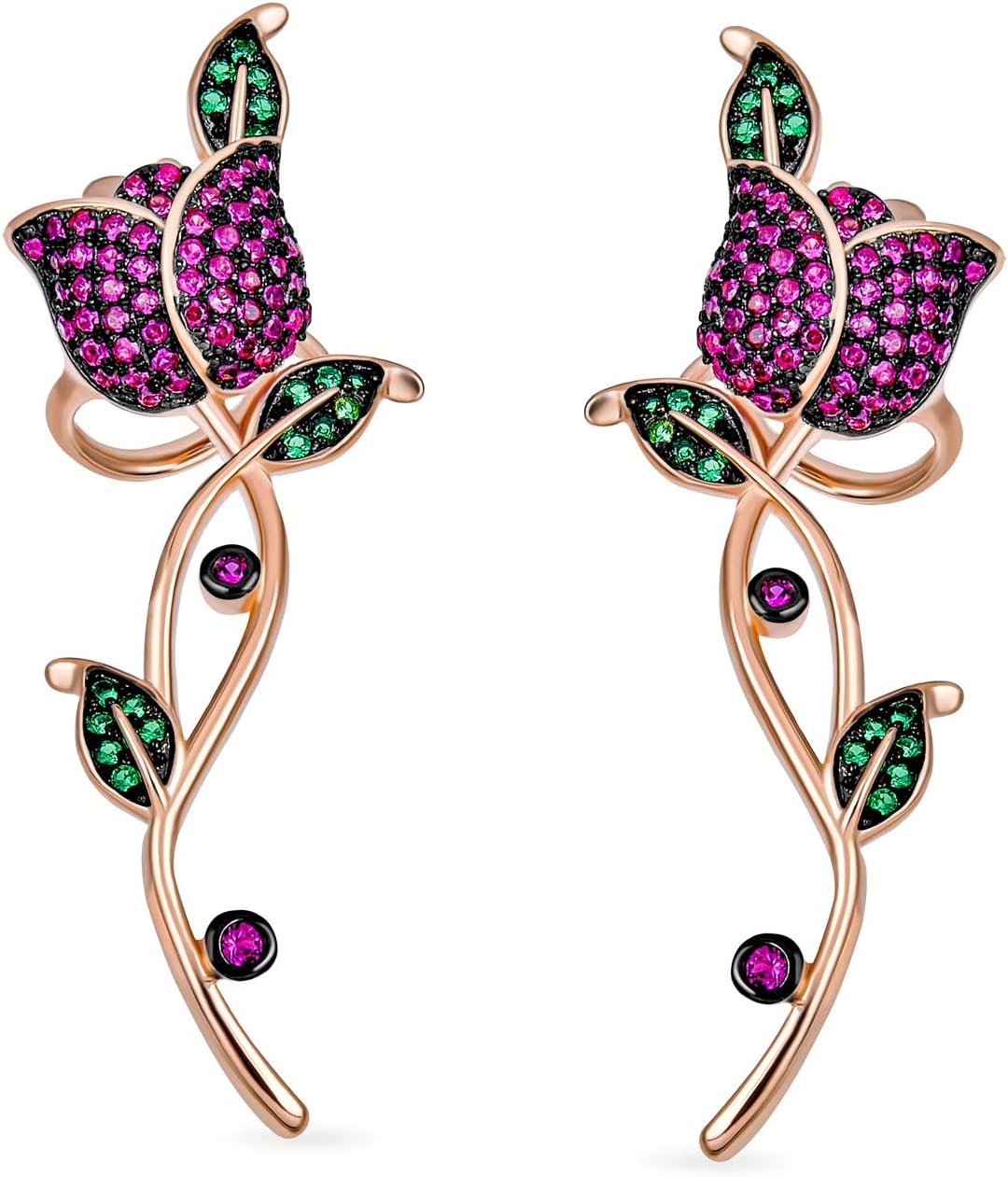 3D Wire Reddish Pink Cubic Zirconia Micro Pave Flower Red Rose Flower Helix Ear Pin Climber Crawler Cartilage Lobe Earrings For Women Teen Rose Gold Plated Brass