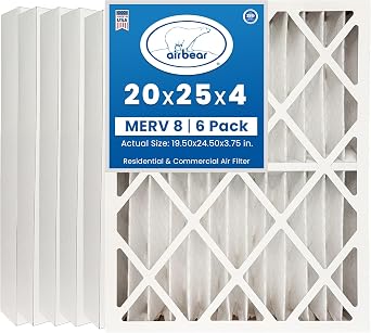 Air Bear 20x25x4 Pleated Air Filter MERV 8 6 Pack for HVAC A/C Furnace Filter Replacement actual size 19.50" x 24.50" x 3.75" in.