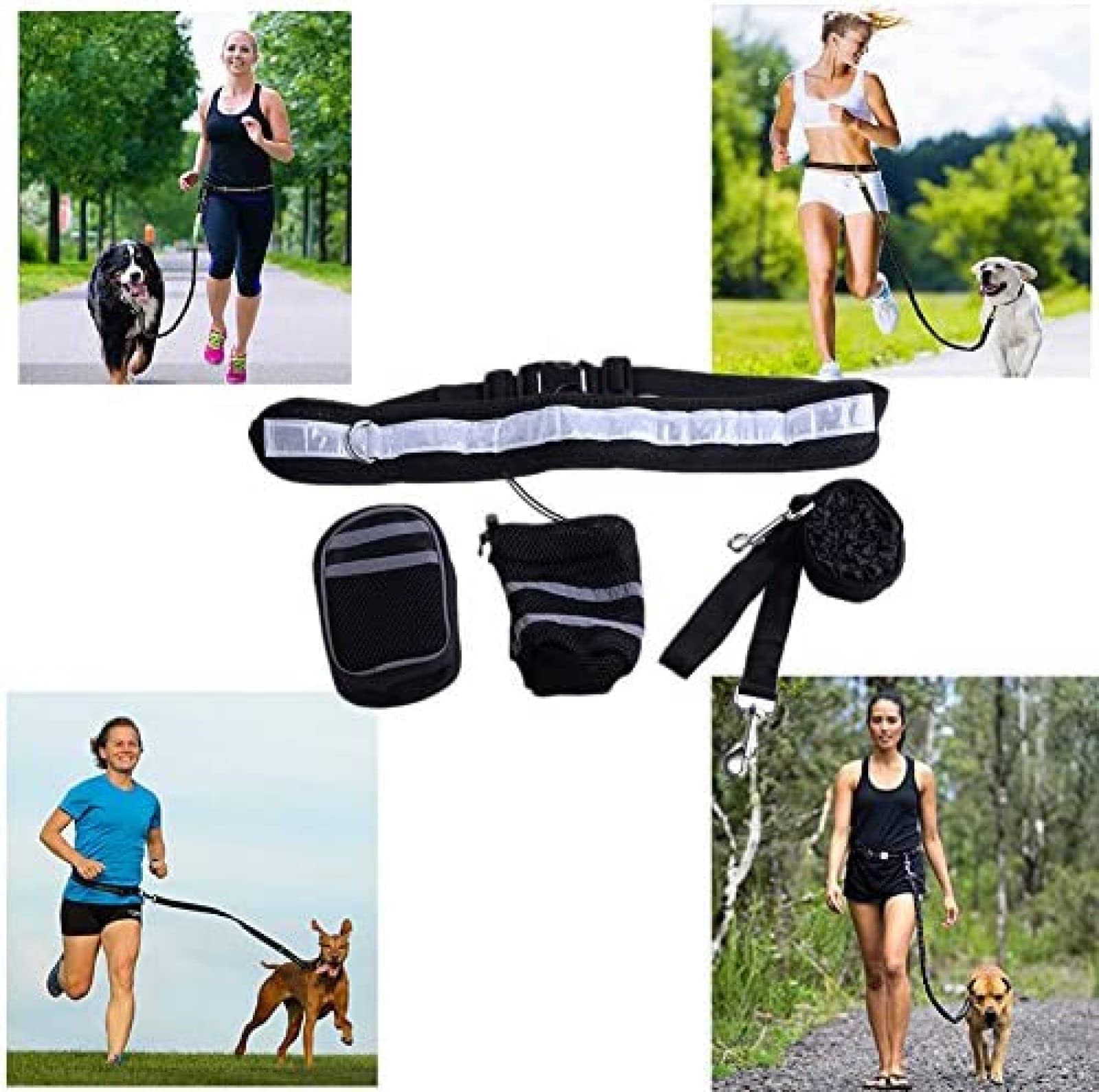 Laisse pour Chien, Laisse de Course Mains Libres pour Chien de Taille Moyenne et Petite, Ceinture de Marche, Bande réfléchissante avec 2 Pochettes