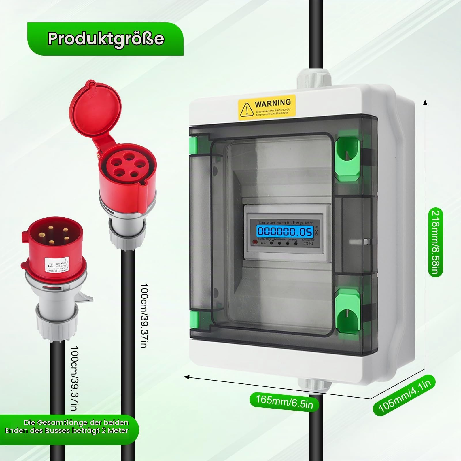 Mobiler Stromzähler 3 Phasen, 32A 380V Mobiler Digitaler Digitalzähler mit CEE Stecker und Kupplung, Digitaler Zwischenzähler mit Reset, IP65 Wasserdichtem Gehäuse