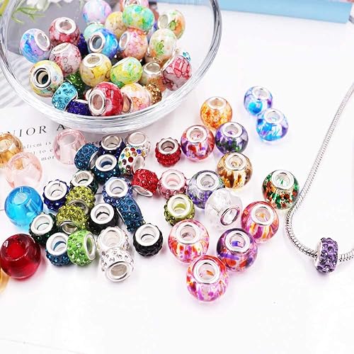 Miniatura 4 de 100 cuentas europeas surtidas con núcleo de cobre, espaciador de vidrio con agujero grande, sin núcleo de cobre, cuentas coloridas de diamantes de