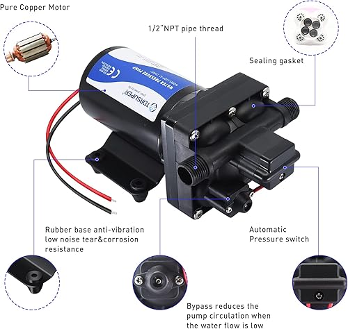 Miniatura 3 de Bomba de presión de agua, bomba de diafragma de agua de 12 V CC, 5 GPM 70 PSI con enchufe de alimentación, bomba de agua autocebante para el hogar