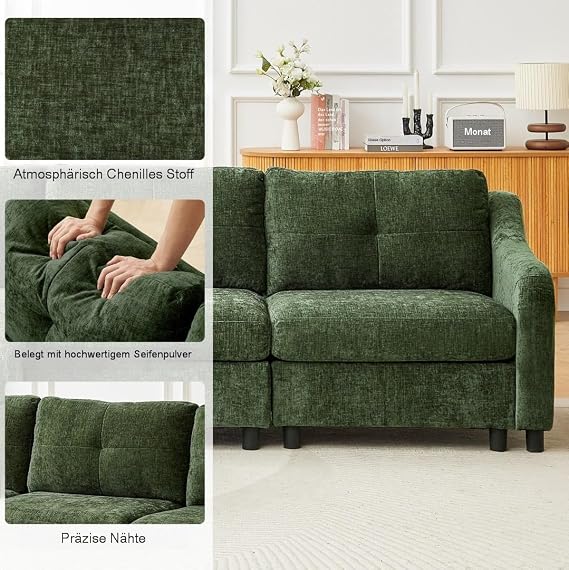 jiexi Corner Sofa with Sleep Function, Cord Sofa, L Shape Couch, Corner Sofa, Sofa Bed, 251 cm (Dark Green 3 Seats + 1 Stool)