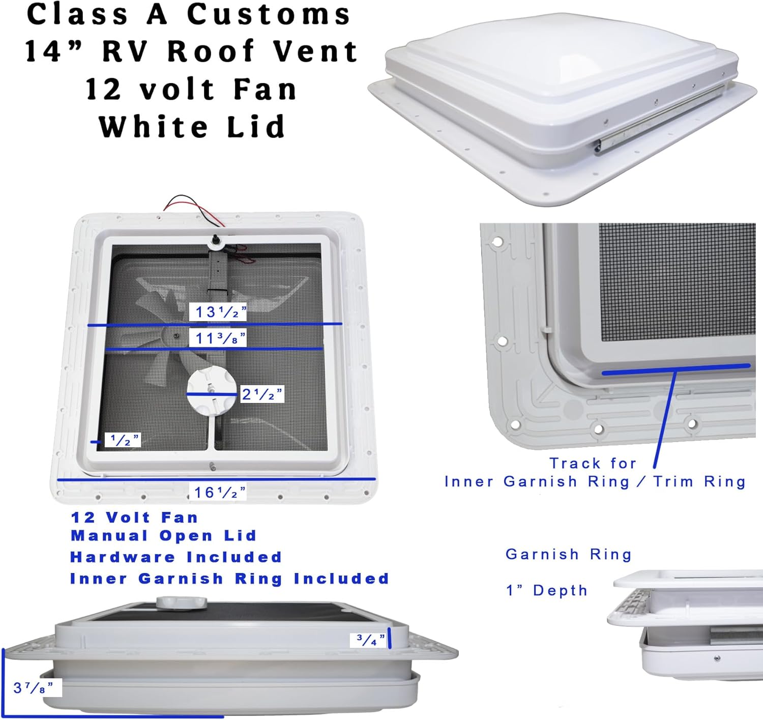classAcustoms 81112-1GPS | 14" RV Roof Vent | 1" Garnish Ring | 12 Volt Powered Fan | White Lid | Manual Crank | for RV's | Cargo Trailer | Camper and Motorhome (1" Garnish Ring Butyl & Screws)