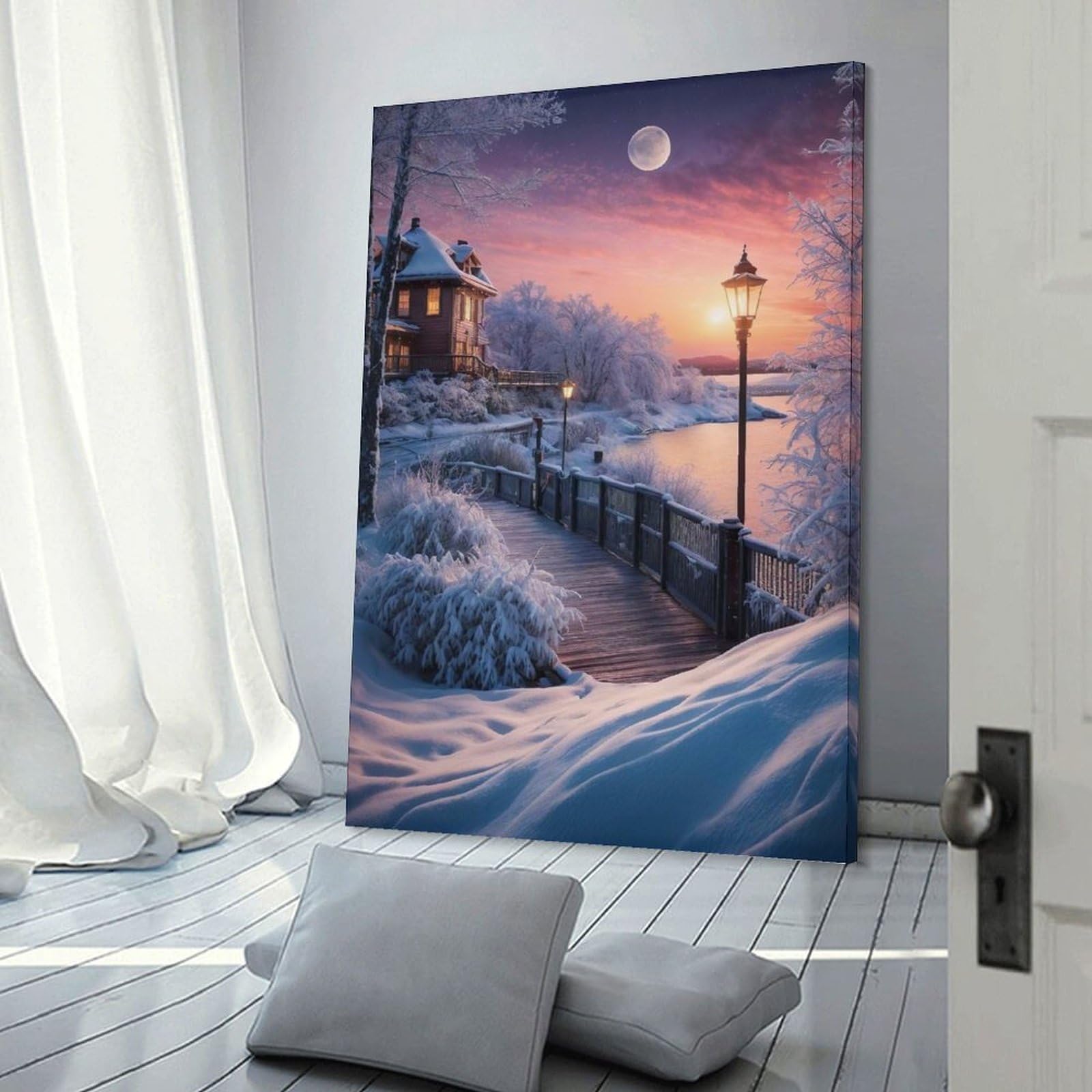 Junmoney Frame-Style-19 Snowy Village Snow Trees Wall Picture Print, 20X30inch(50X75cm), For New Homes, Bedrooms Or Workspaces, Thoughtful Wall Decor For Art Lovers