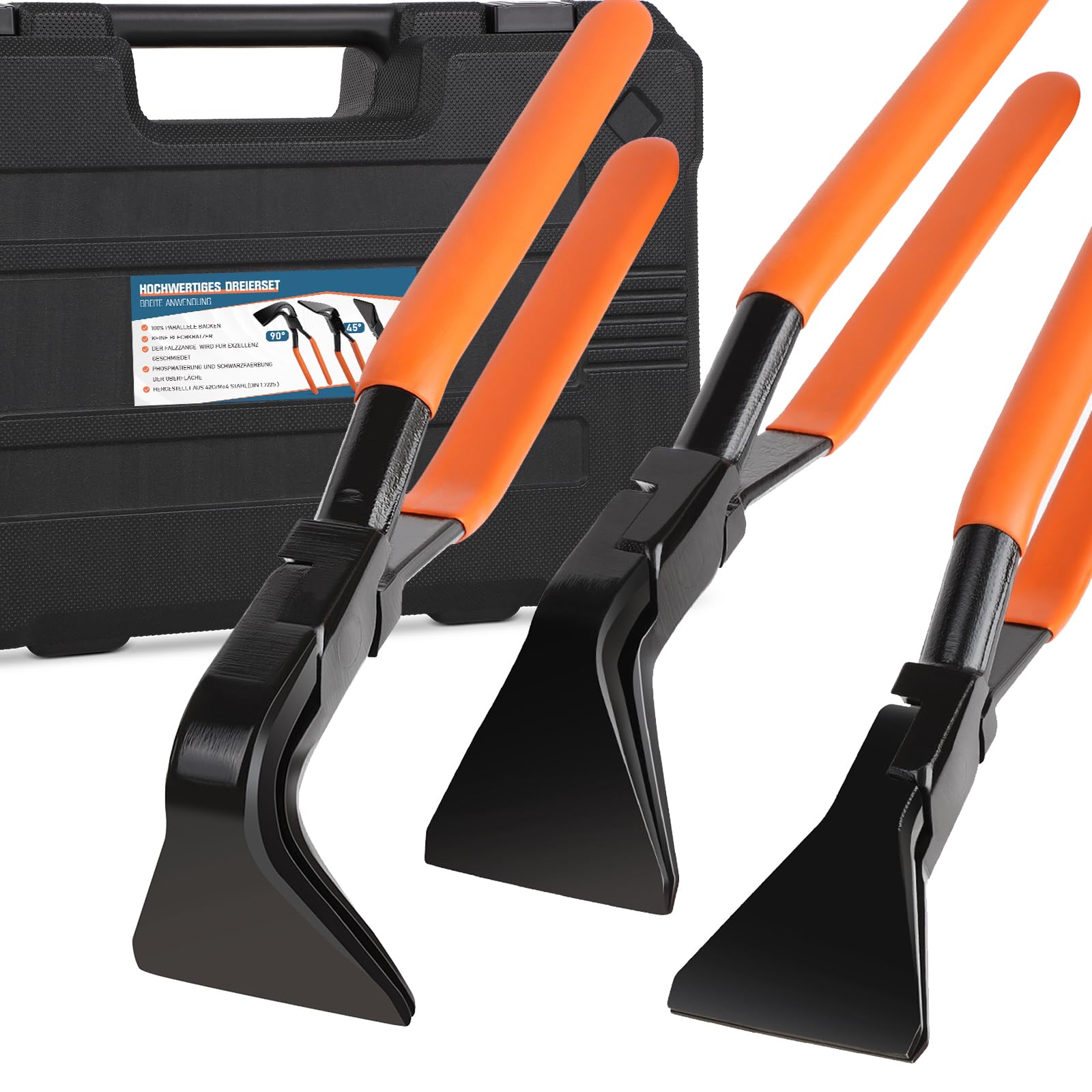 Set di 3 pinze pieghevoli con scatola 42CrMo4 in acciaio | 45°, 90°, 180°, L-280 mm, HRC 45, pinze pieghevoli, pinza per lamiera, set di pinze idrauliche per il fai da te