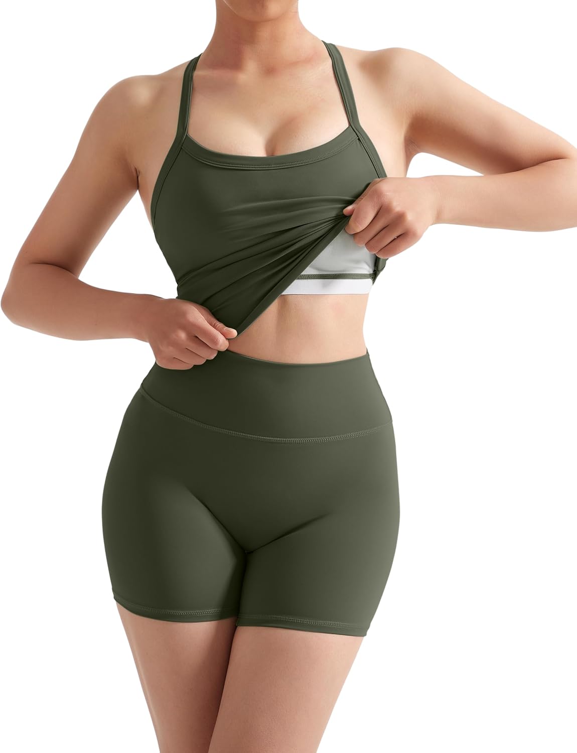 SUUKSESS Women 2 Piece Workout Sets High Waisted Tummy Control Biker Shorts Halter Padded Tank Tops