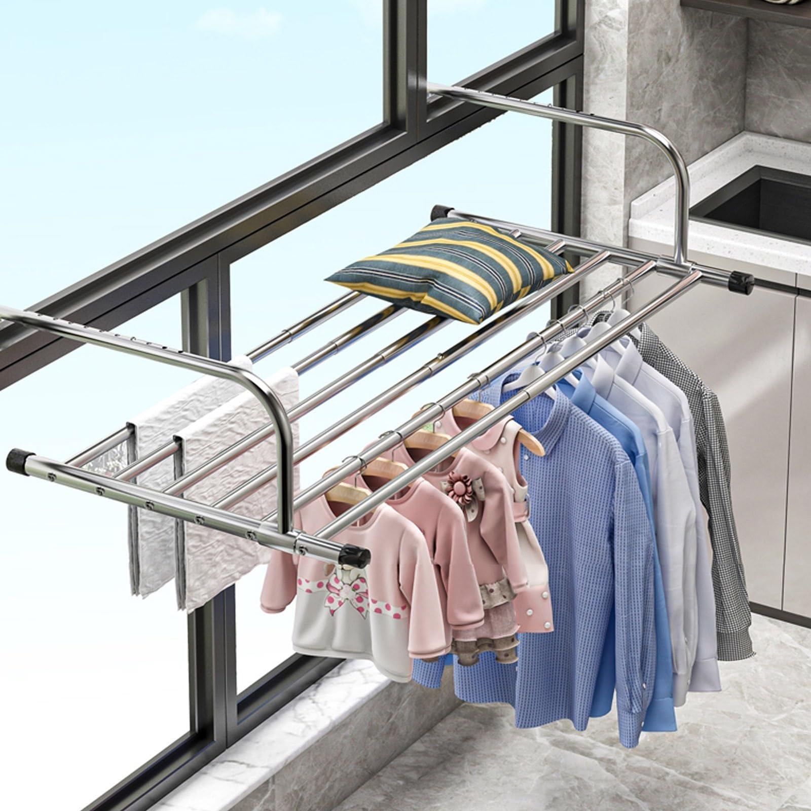 Balkonwäschetrockner, Silber Heizkörper Wäschetrockner Ausziehbar Balkonwäschetrockner Zum Hängen Innen & Außen Wandwäschetrockner Klappbar Heizkörpertrockner für Kleindung, Socken, Schuhe ( Size : 31