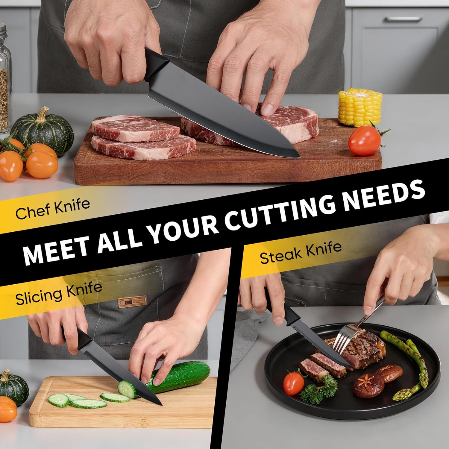 E-far Knife Set, 15-Piece Kitchen Knife Block Set with Sharpener, High Carbon Steel Chef Paring Steak Knives with Ergonomic Non-Slip Handle, Anti-Rust & Razor Sharp, Black