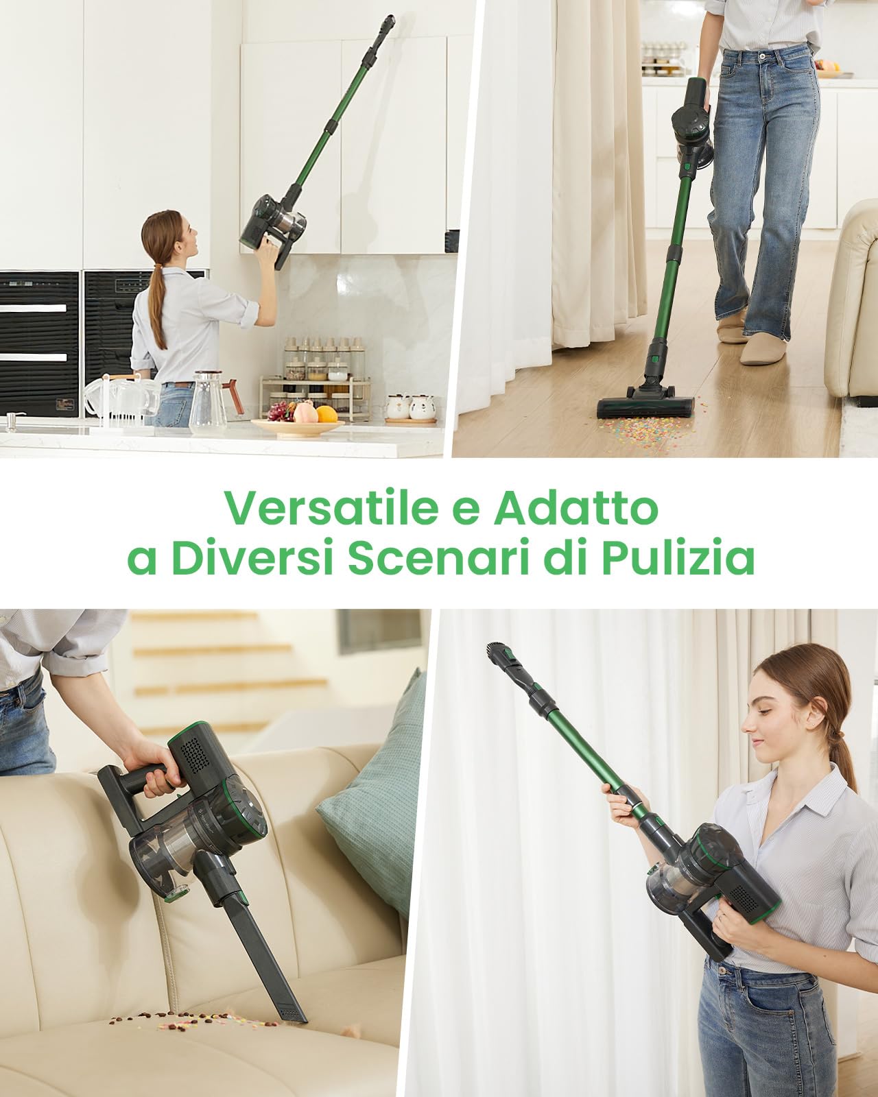40KPa Aspirapolvere Senza Fili Potente,Scopa Elettrica Senza Fili Potente 50minuti e display a LED,Scope elettriche,Aspirapolvere Portatile,Aspirapolvere per Pavimenti/Tappeti/Peli Animali,Verde
