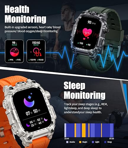 Miniatura 7 de Relojes inteligentes militares para hombres (respuestahacer llamadas), reloj inteligente deportivo con pantalla HD de 2.01 pulgadas con linterna LED