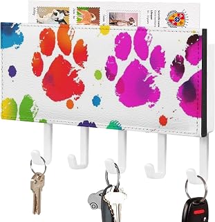 Colorful Dog Paw Print Key Holder Wall Mount, Decorative PU Key Rack Hanger Holder with 5 Hooks, Key Hooks for Wall, Mail Organizer, Rustic Home Decor for Entryway Living Room