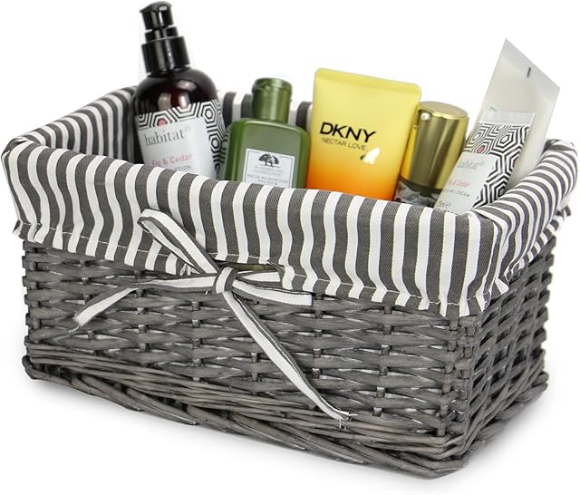 Grey Wicker Basket | Striped Lining Included | Bathroom, Home & Laundry Storage | Wooden Organiser | Decorative Hamper & Shelf Basket | M&W