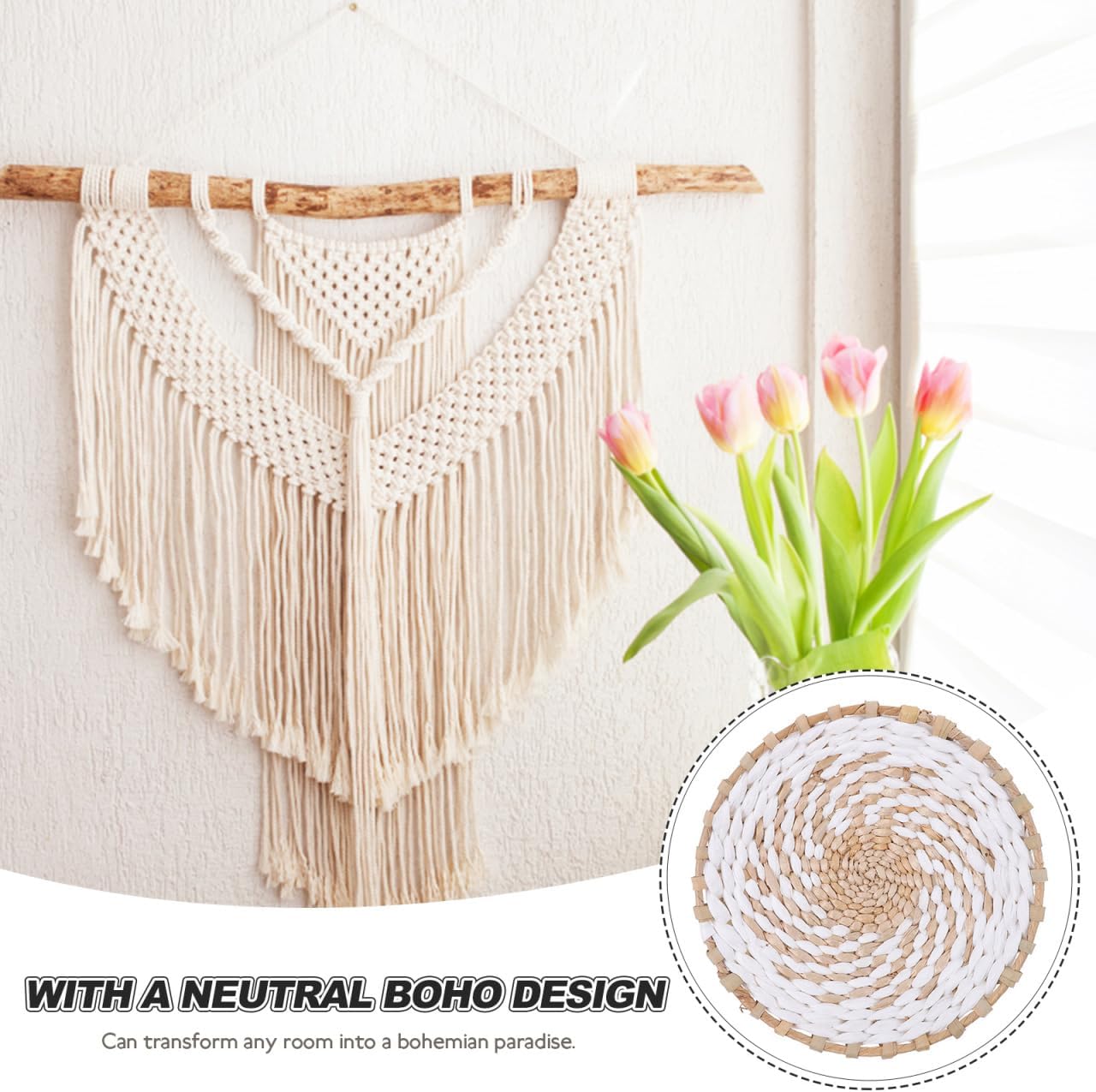 Luxshiny Bohemian Wall Basket Decor Woven Round Wall Hanging Basket Ornament Small for Home Living Room Bedroom Garden Balcony Natural Woven Art