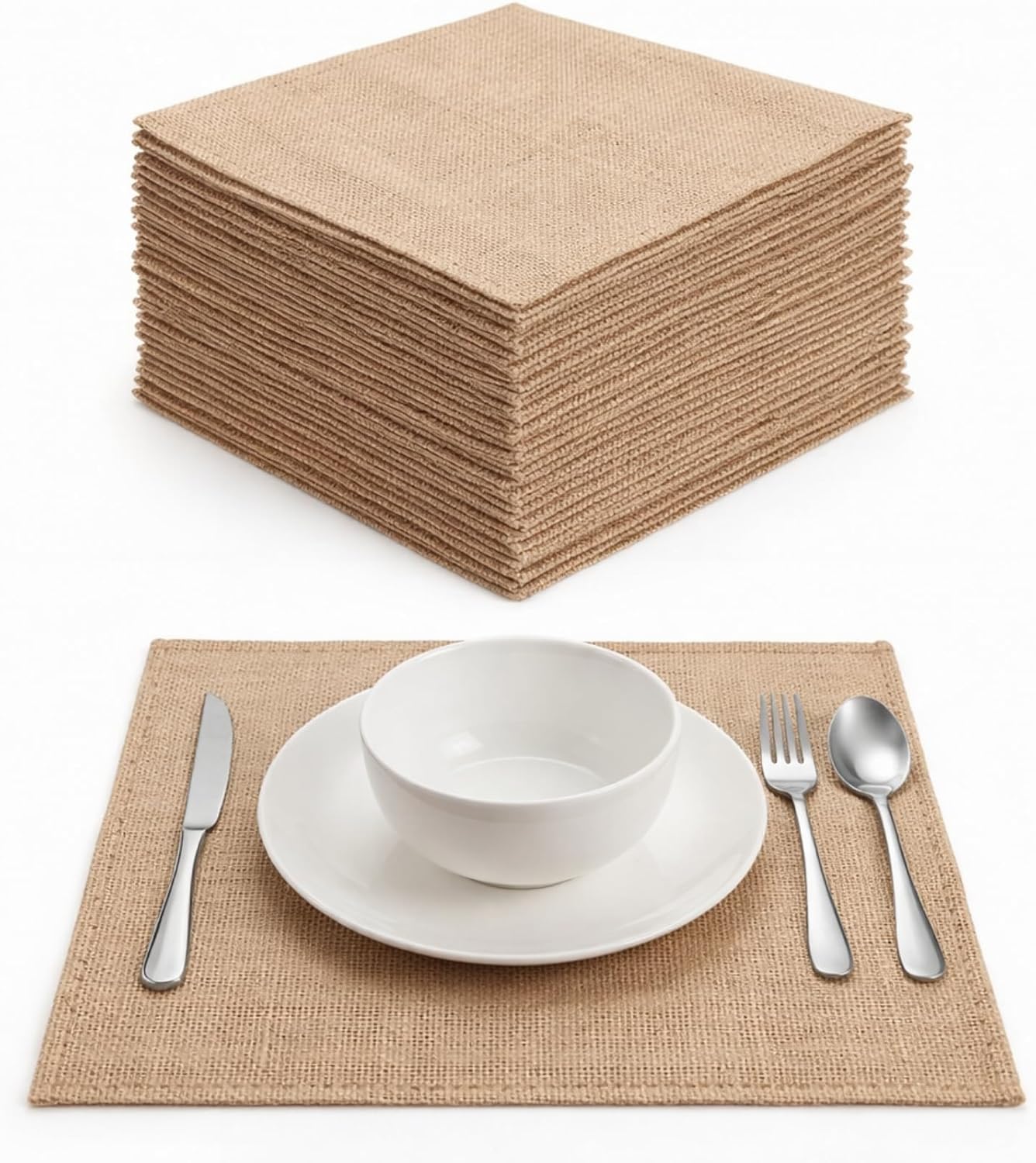 VitalCozy 36 Pcs 10 x 10 Inches Natural Burlap Square Placemats Heat Resistant Non-Slip Place Mats Rustic Table Mats for Wedding Centerpiece Kitchen Farmhouse Crafts Supplies Finished Edges