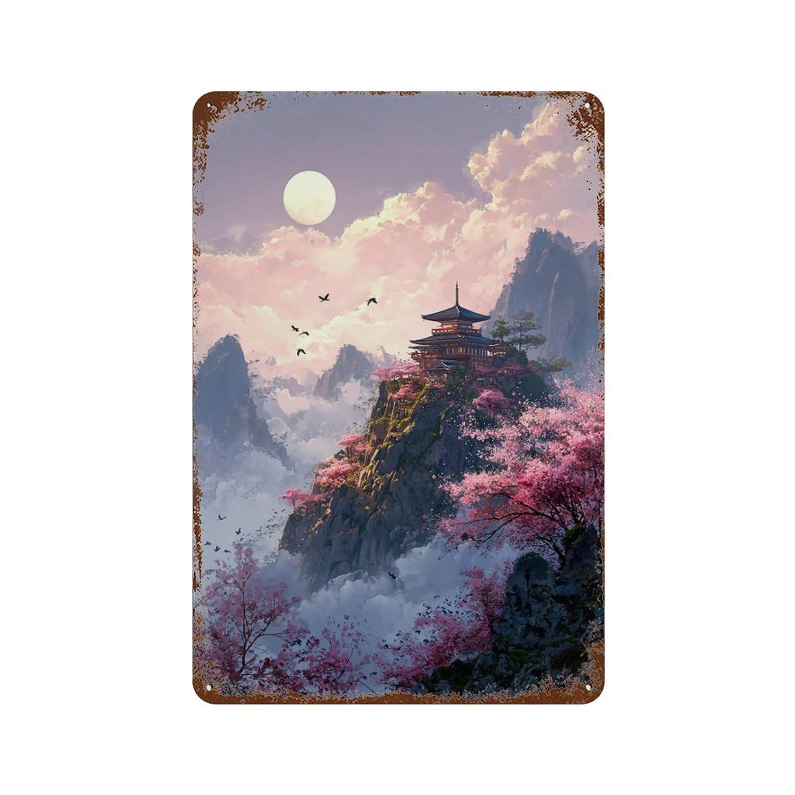 Rust Effect Cherry Blossom Pagoda Skyline Aged Metal Wall Plaque 11.8"x7.9", Shabby Chic Decor for Living Room, Hallway And Home Decor