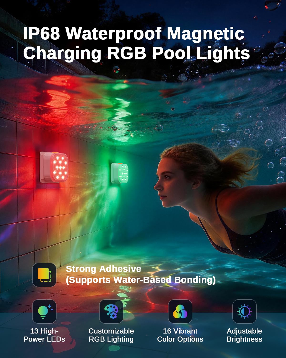 SoulBay - Luces de piscina subacuáticas, 2 piezas de luces magnéticas recargables para bañera de hidromasaje con control remoto, 16 colores y 6 modos dinámicos RGB, accesorios de spa LED impermeables