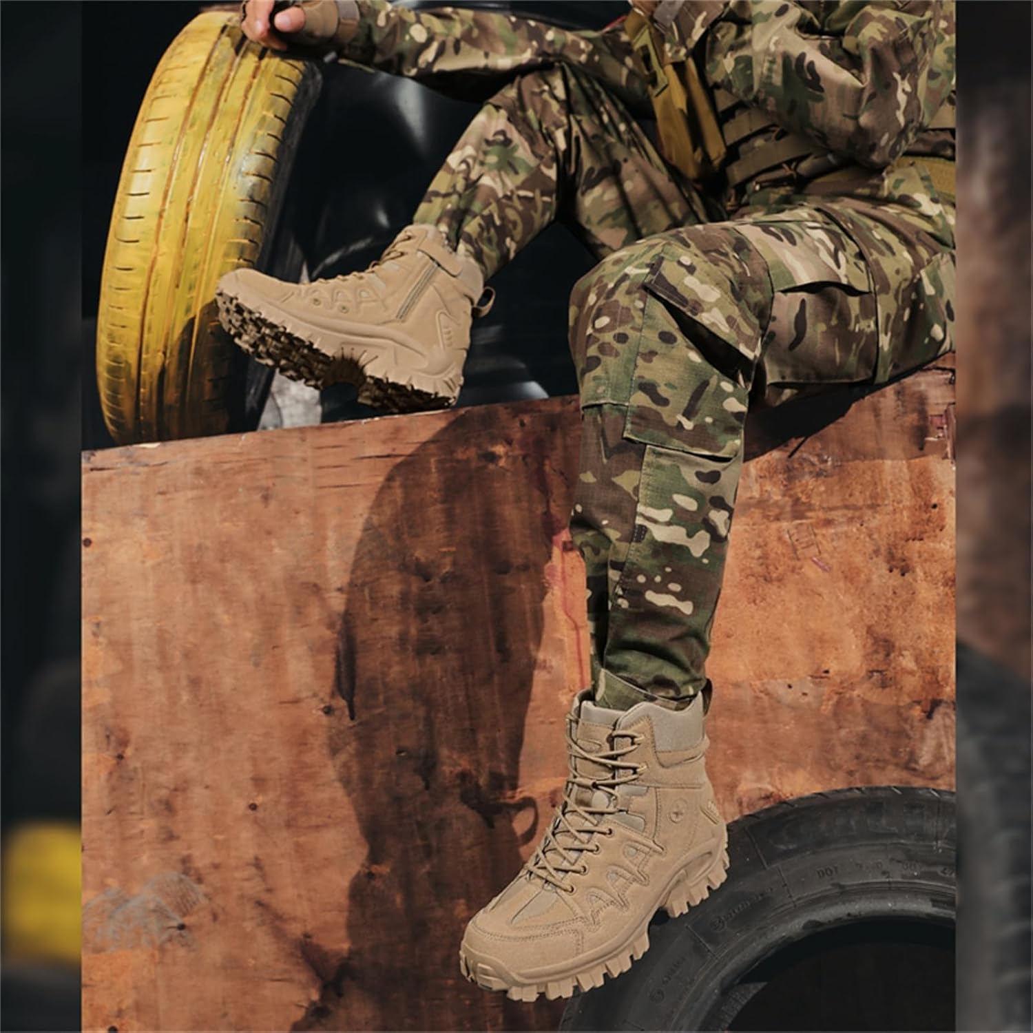 Men's Suede Leather Lace Up Military Tactical Boots with Side Zipper Lightweight Comfortable Non Slip Waterproof Outdoor Hiking Boots for Camping Motorcycle Work Trekking Backpacking Trails
