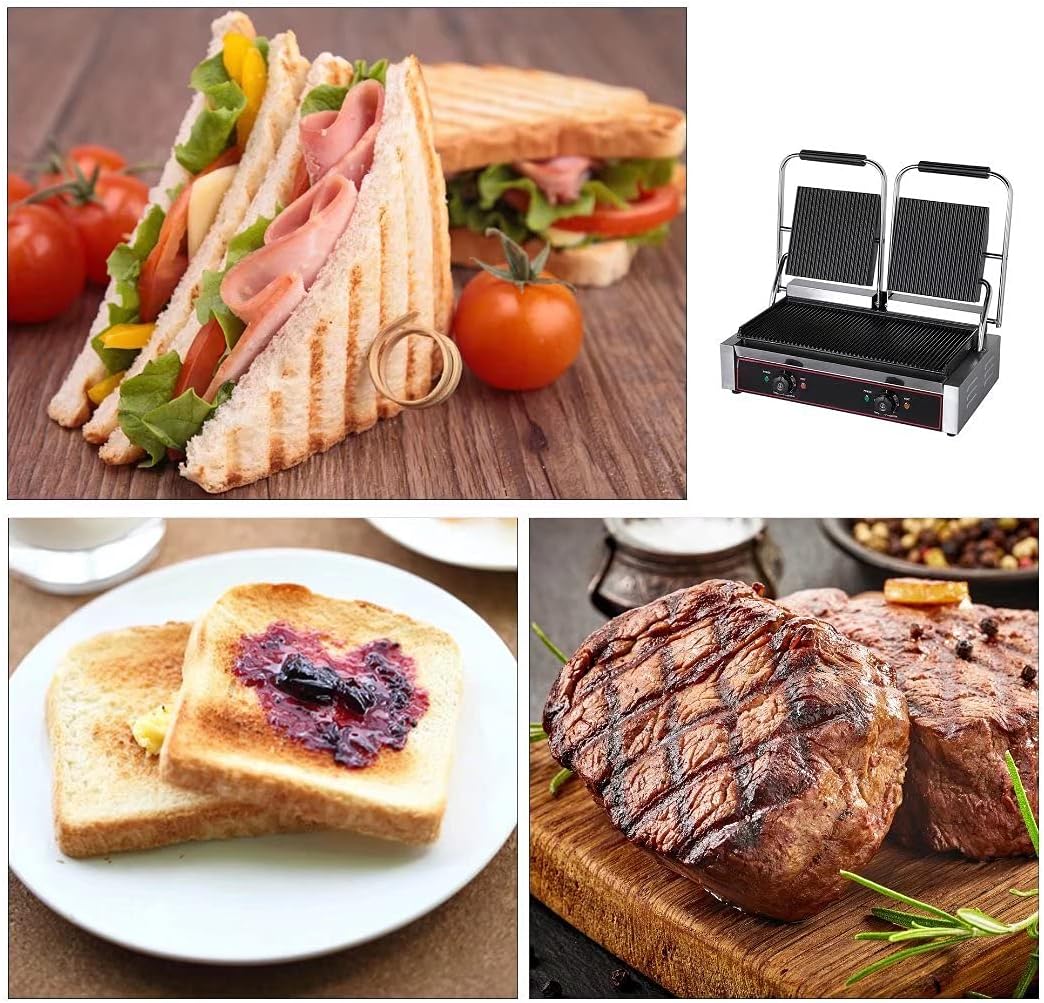 Sandwich Maker, Commercial Toaster with Non-Stick Plates, Stainless Steel, Adjustable Temperature 50-300℃, Ideal for Hamburgers, Steaks, and Bacon