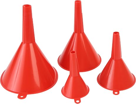 GreatNeck 70018 4-Pc Oil Funnel Set, Oil Funnels for Automotive Use, Gasoline, Coolant, Transmission Fluid, Stackable with Hanging Hole for Garage, Mechanic Tools for Maintenance