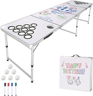 VEVOR 8 Foot Portable Beer Pong Table, Folding Tailgate Table, Cup Holes, Dry Erase Markers and Carrying Handles, Adjustable Height, Lightweight Table for Office, Tailgate Party & Camping, White