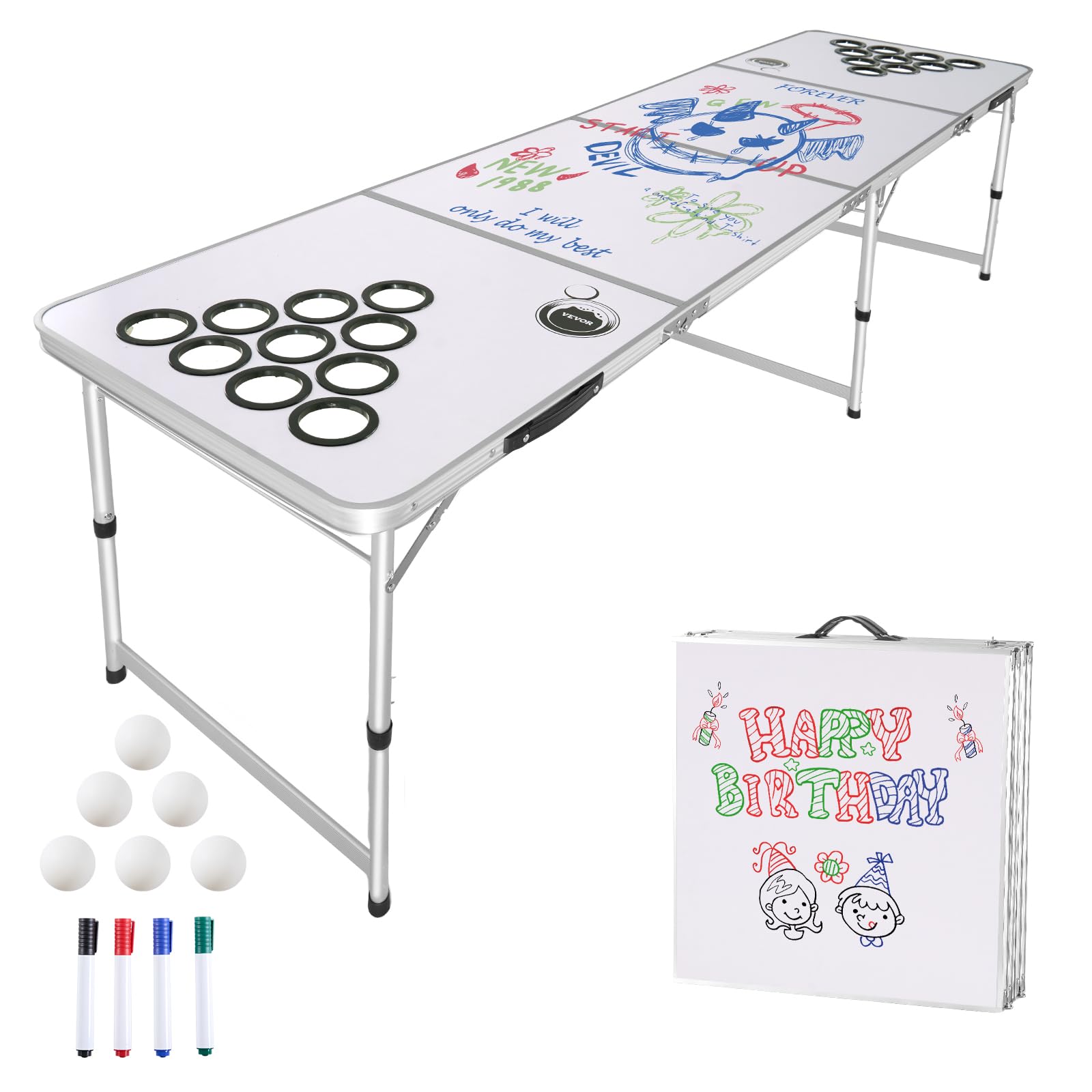 VEVOR Klappbarer Bierpong-Tisch 2,4 x 0,6 x 0,7 m mit 6 Tischtennisbällen, Beer-Pong-Tisch Höhenverstellbar mit Tragegriffen & Abwischbaren Markern, für Büro, Grillpartys, Reisen & Camping