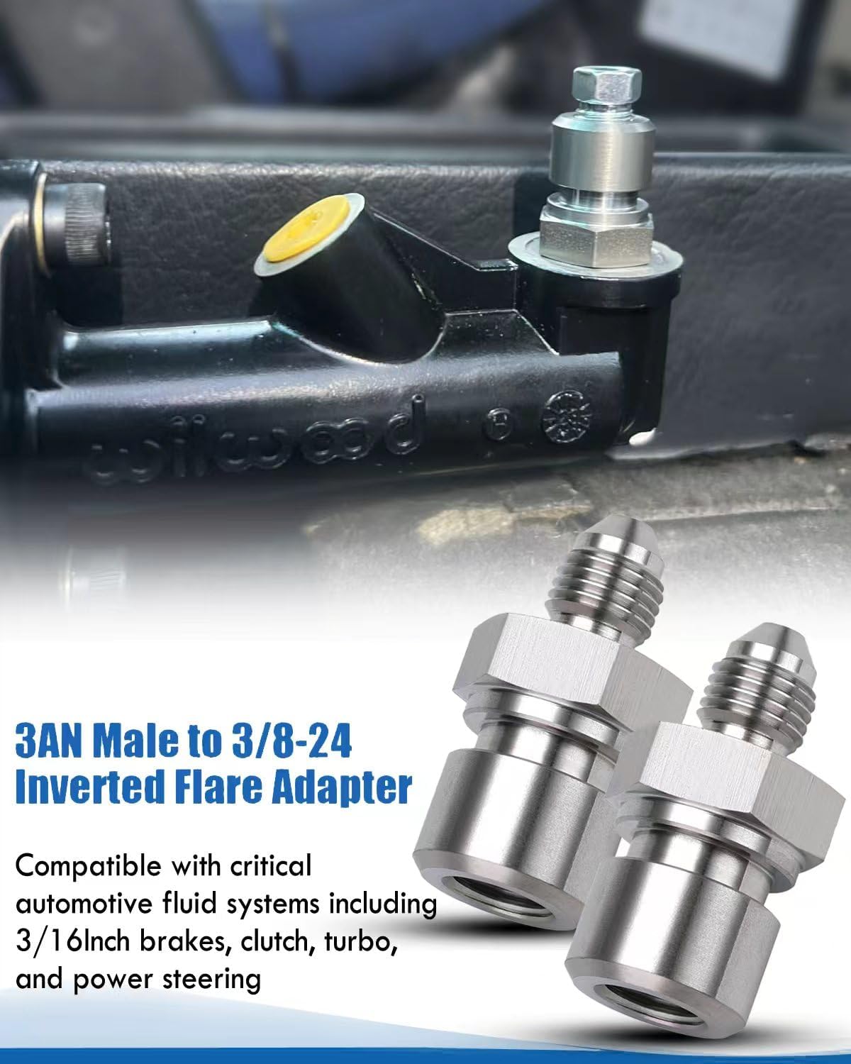 2pcs 3AN Male to 3/8-24 3/16" Inverted Flare Adapter in Stainless Steel for Female Brake Line, Automotive Fluid Systems Fit for Oil Fuel Brake Fluid Methanol Water