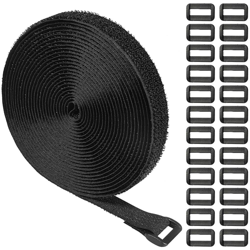 Heavy Duty Hook and Loop Cinch Straps 2.5cm x 5m, 25 Buckles, Cut-to-Length Adjustable for Fastening, Organising, Black