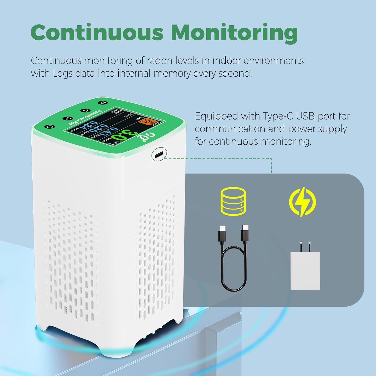 Remote Monitoring New V2.0 Version GQ RadonScan-Plus Radon Gas Digital Detector Worldwide Fast Accurate Detection Simple Big Display USA Product Real-time Data App Online Data Logging & Sharing