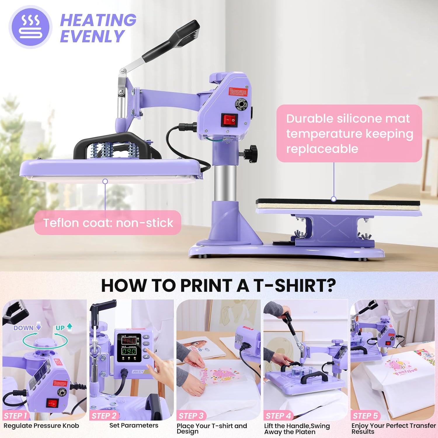 AKEYDIY Upgraded Heat Press Machine 5 in 1 Combo,Digital Multifunction Shirt Press Machine for T Shirts12 X15 Sublimation Machine 360-Degree Swing Away Dual-Tube Heating for DIY T-Shirts Cap & Mugs