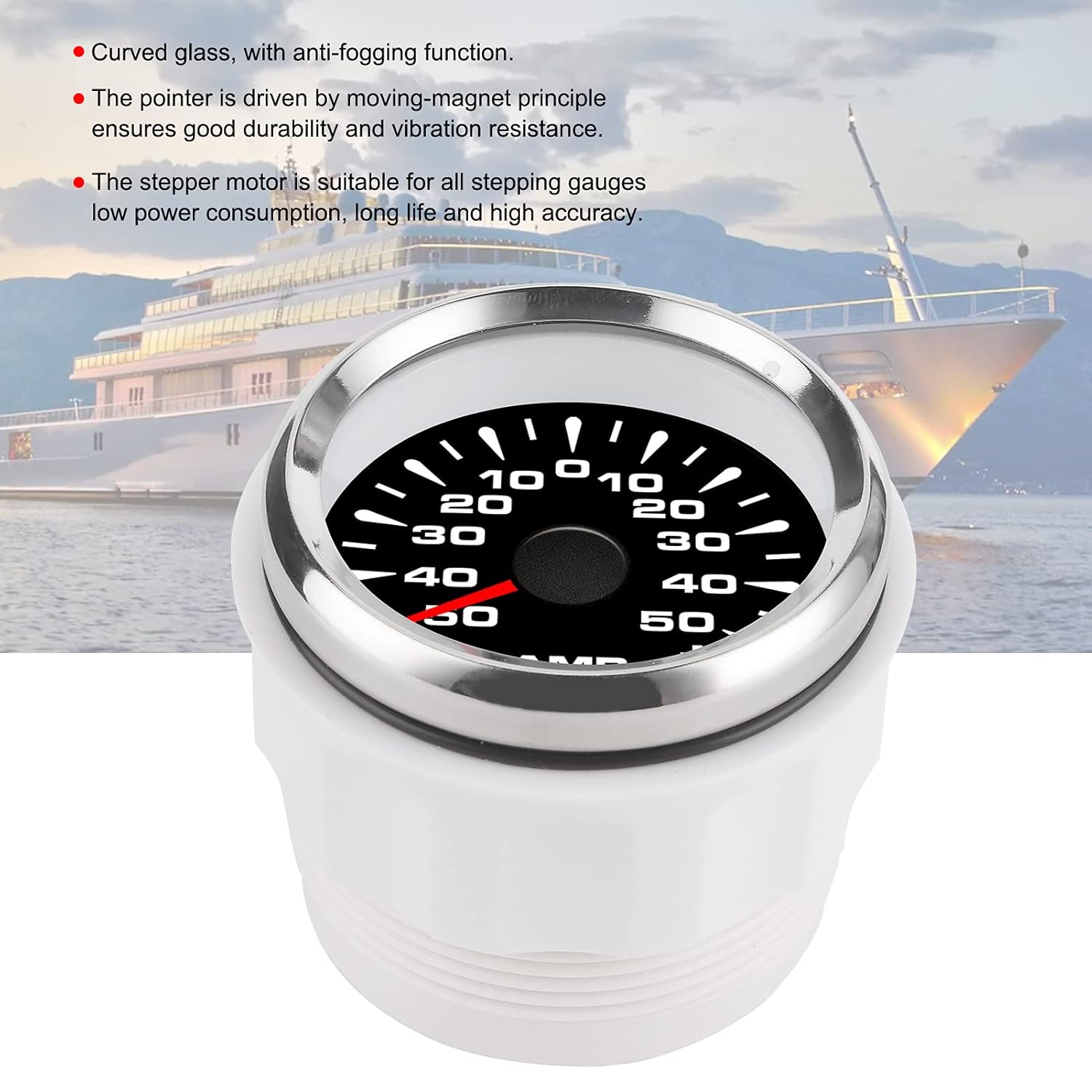 50A Ammeter AMP Gauge, LCD Display Stepper Motor Ampere Meter, IP67 Universal Ammeter with Current Sensor for Automotive Marine Industrial Use, High Accuracy Wide Voltag (Black Dial Silver Cover)