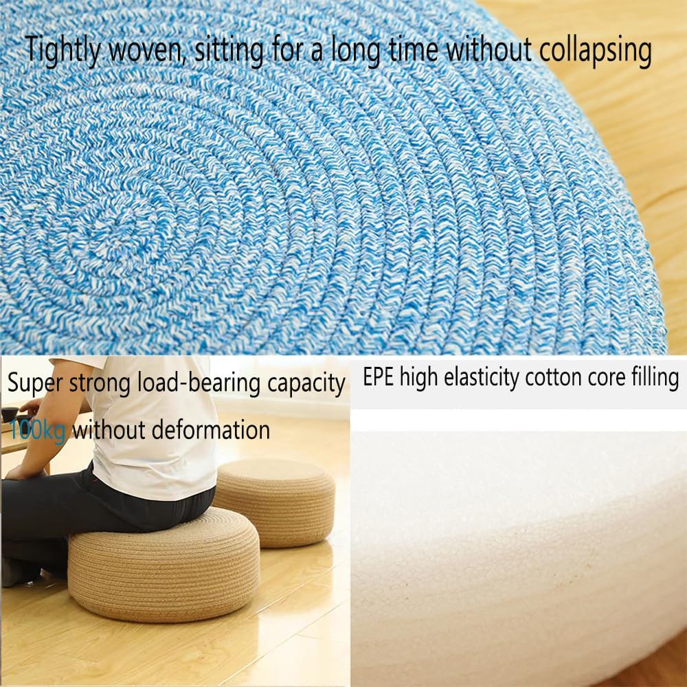 Round Pouf, 15.7Wx15.7 Dx 7.8" H Footstool, Upholstered in Natural Cotton with Hand Cotton Thread Weaving, for The Living Room, Bedroom and Room, Boho,D,40x40x20cm