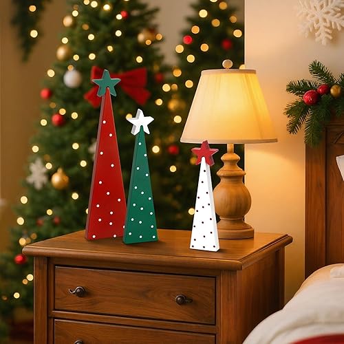 Miniatura 4 de Decoraciones navideñas para interiores  Árbol de Navidad de mesa de madera con adornos de estrellas, decoraciones festivas para repisa, chimenea,