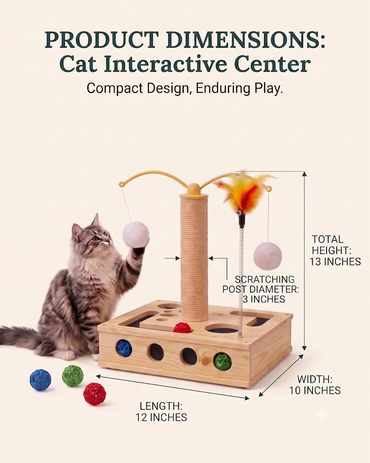 4-in-1 Wooden Interactive Cat Toy with Scratching Post & 3 Rattan Bell Balls - Cat Puzzle Box Treat Maze, 360° Rotating Spinning Teaser with Hanging Pom Poms, Durable Sisal Scratcher for Indoor Cats