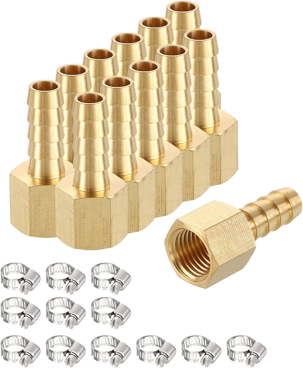 12 Pack Brass Hose Barb to NPT Female Adapter with 12Pcs Stainless Steel Hose Clamp, 5/16" Barb x 1/4" NPT Female for Industrial, Automotive, Fluid, Gardening, and Water Treatment