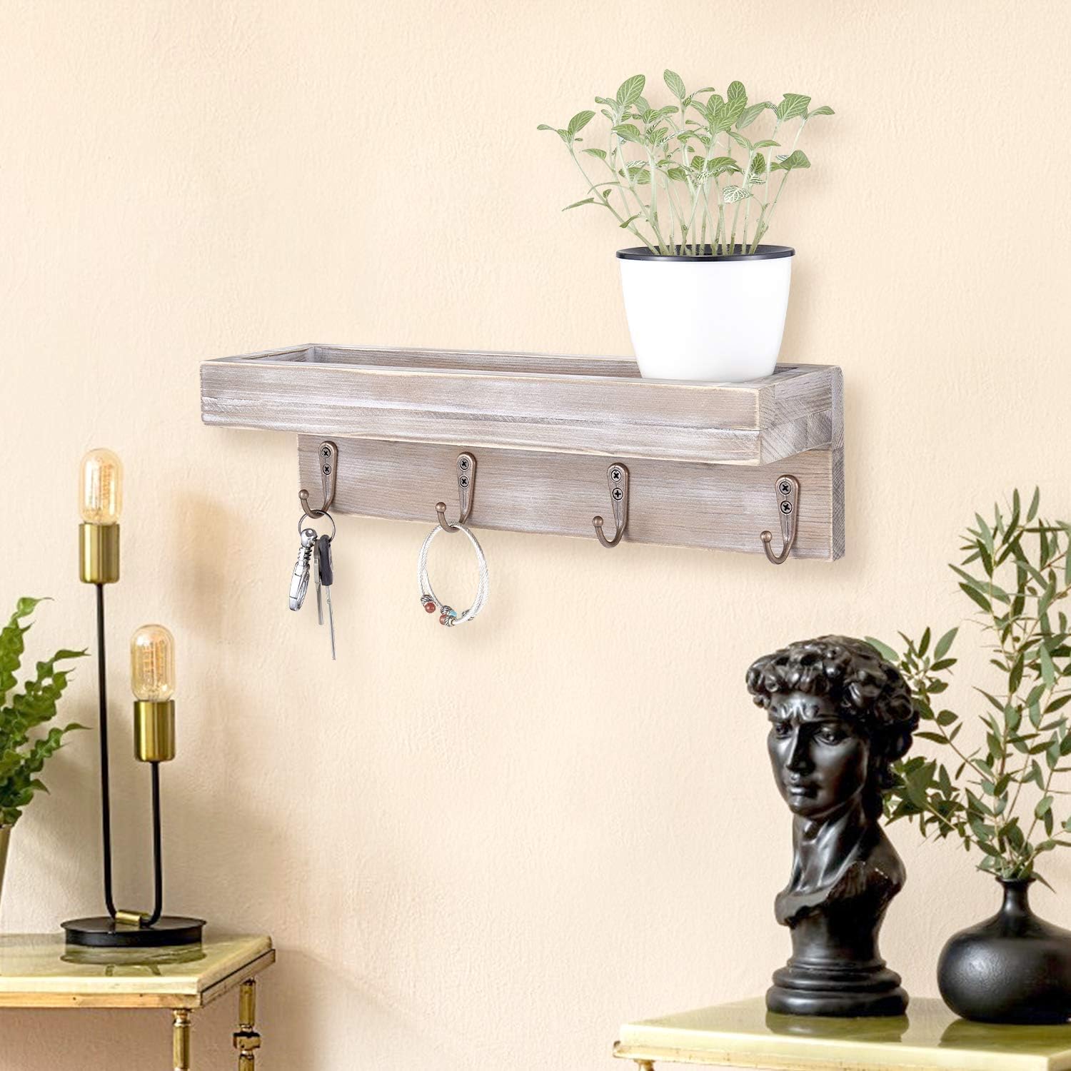 Sageme Entryway Shelf Wall Mounted,Vintage Rustic Farmhouse Solid Real Wood Floating Shelf Key Holder Shelf with 4 Key Hooks for Entryway, Mudroom, Kitchen, Bathroom (4 Hooks, Bronze)