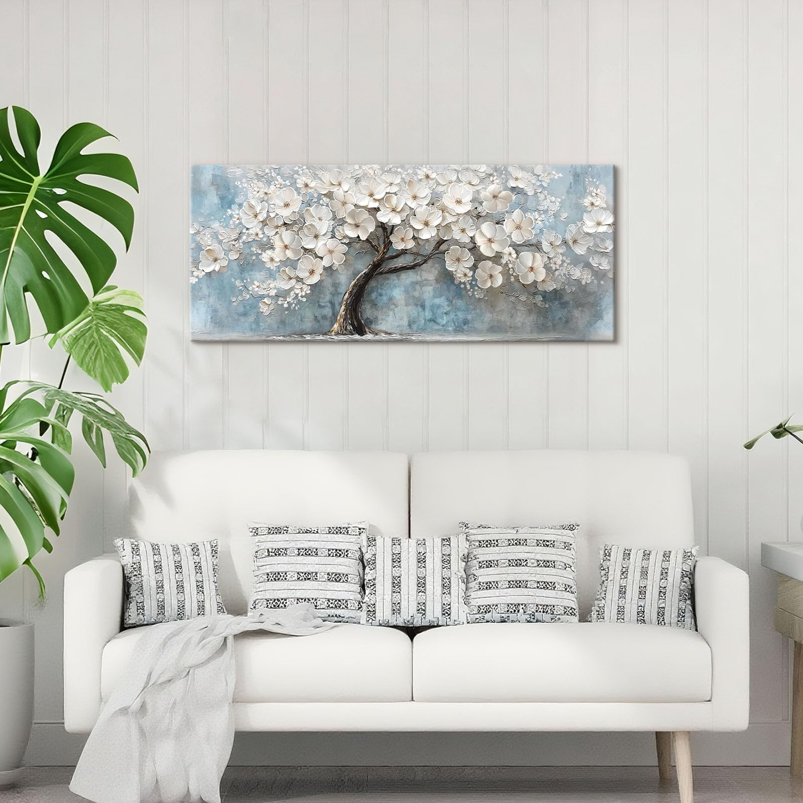 Cadre en Bois Impression sur Toile Peinture Arbre de Vie en Fleurs Blanches Tableau Blooming Floral Image sur Toile Grandes Tableau Decoration Murale Salon Chambre Restaurant Hôtel 50x120cm