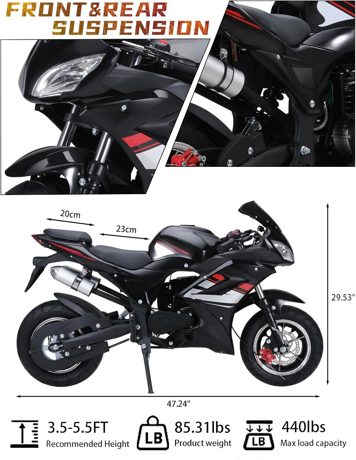 Kids Motorcycle 50cc Pocket Bike, [2025 New Upgraded] Gas Powered Motorcycle, Mini Motorcycles for Adults & Kids, Pocket Rocket Motorcycle Bike[Max Load 440lbs] Black