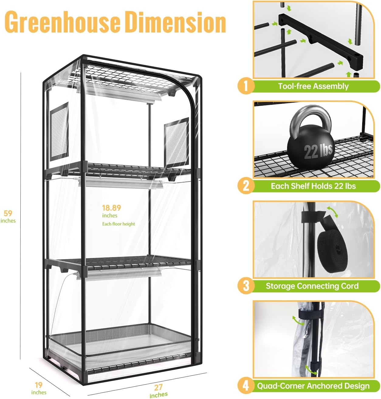 Indoor Greenhouse with Grow Light, 4-Tier Plant Stand with Zippered PVC Tent, Ventilation Window, Bottom Pouch, 20W Full Spectrum Plant Light with Timer for Seed Starting, 27"L x 19"W x 59"H