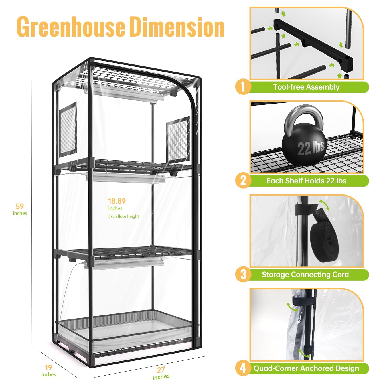 Invernadero interior con luz de crecimiento, soporte para plantas de 4 niveles con tienda de PVC con cremallera, ventana de ventilación, bolsa inferior, luz de planta de espectro completo de